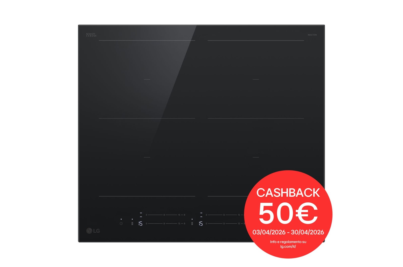 Vista frontale di Piano cottura induzione 60cm | Potenza 2,5 ~ 7,4kW | 4 zone, 2 flex, Controlli slide indipendenti, Wi-Fi | Nero Schott CBIZ2437B